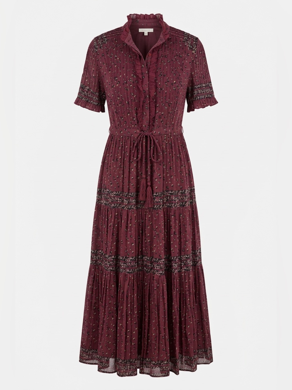 Free People Rare Feelings Burgundy Floral Tiered Maxi Dress with Tie Waist